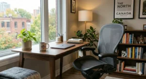 Aesthetic interior shot of a sophisticated workspace with an Aeron chair, emphasizing premium design in a modern setting.