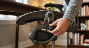 Close-up of the Herman Miller Aeron’s adjustable armrests and tilt mechanism for optimal ergonomic support.