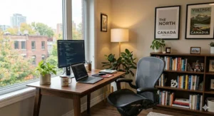 Minimalist Canadian home office layout featuring an Aeron chair, blending professional design with residential comfort.