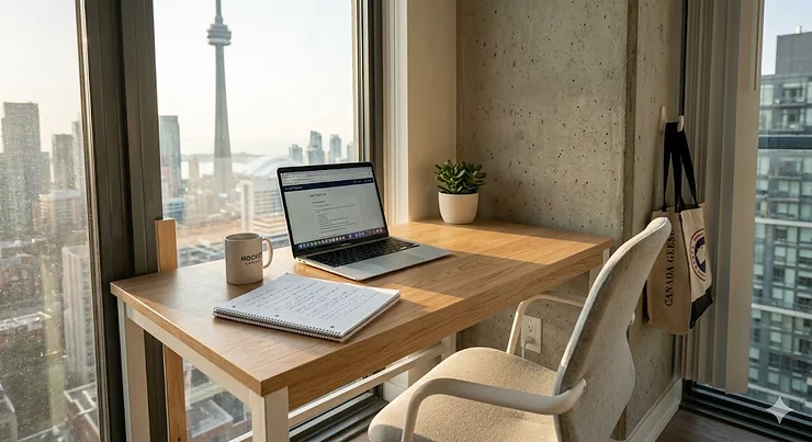 A modern ergonomic desk for college students in a bright Toronto apartment with a view of the CN Tower.