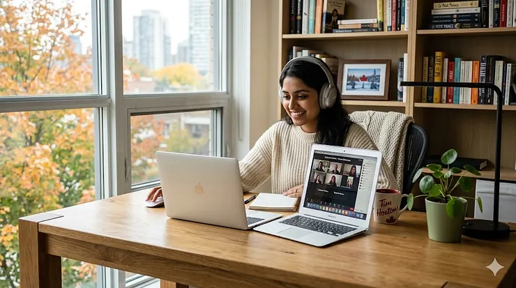 A student using a modern desk for online learning in a bright Canadian home office with a view of maple trees.