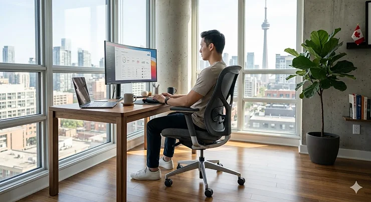 Photorealistic 4K image of a professional working on a computer while sitting on an ergonomic office chair under 500 dollars in a modern Toronto condo with a view of the CN Tower.