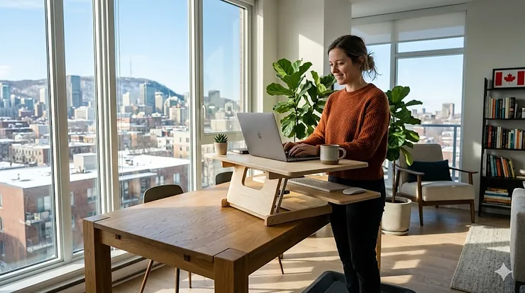 A professional working on a portable standing desk in a bright Montreal home office with a city view.