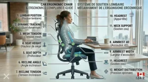 A photorealistic 4K technical infographic set in a Canadian Toronto loft office, showing a diverse female professional with optimal posture supported by an advanced ergonomic office chair for back pain. A surrounding matrix of bilingual English and French labels with technical icons and green checkmarks details every adjustment control, confirming compliance and decompression, under natural daylight.