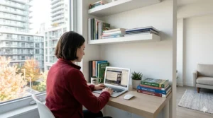 A desk for online learning featuring French and English textbooks, reflecting Canada's bilingual education requirements.