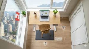 Space-saving footprint of a height adjustable desk for a growing child, ideal for small bedrooms or urban apartments.
