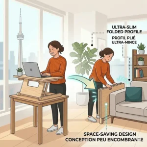 Illustration of a sleek portable standing desk folded away in a small Toronto apartment living room.