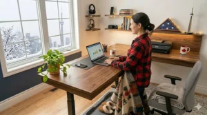 Illustration of wooden home office desks in a cozy room with a plaid blanket, a mug of hot coffee, and a window showing a snowy Canadian winter landscape.