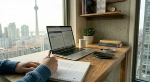 A cozy desk for college students positioned near a window with a snowy Canadian landscape outside.