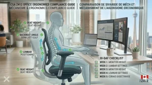 A photorealistic 4K infographic illustrating ideal postural settings and a 30-day compliance checklist for an ergonomic office chair for back pain, based on Canadian CSA standards.