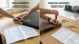 Infographic evaluating IKEA desk vs Amazon desk quality and long-term value in Canadian dollars.