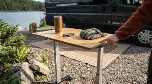 Illustration showing the lightweight yet durable materials of a collapsible standing desk designed for the rugged Canadian terrain.