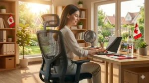 Durable mesh desk chair providing comfort in a professional hot office environment; chaise de bureau durable en filet pour une circulation d'air supérieure.