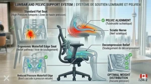 A detailed photorealistic technical 4K illustration contrasting a high-pressure (red) pelvic map on a standard flat seat with an optimal low-pressure (blue) map on an advanced ergonomic office chair, set in a sunlit Canadian office overlooking the Toronto skyline.