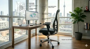 Photorealistic 4K infographic displaying multidirectional articulation and seating pressure mapping for a high-value ergonomic office chair under 500.