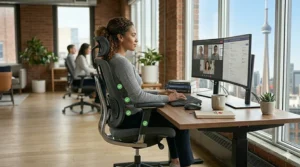 Technical photorealistic illustration of a diverse female professional in a Toronto loft office, demonstrating the dynamic recline and tilt tension capabilities of an ergonomic office chair for back pain. Bilingual labels emphasize spinal decompression and healthy movement under natural light. Green checkmarks confirm supported posture.