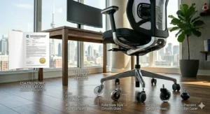 Comparison breakdown of clear polyurethane and nylon casters alongside a Canadian Standards Association (CSA) compliance graphic for an office chair under 500.