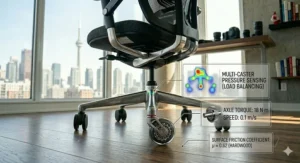 Low-angle close-up detailing the axle torque and surface friction coefficient on maple hardwood flooring for an ergonomic office chair under 500.