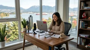 A young adult carefully adjusts her ergonomic posture while working at a dedicated desk for online learning, featuring proper monitor height and wrist alignment in a naturally lit Canadian home office.