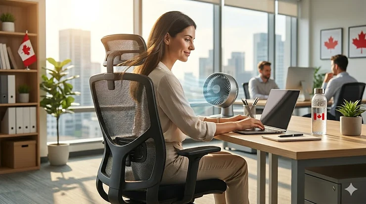Close-up of ergonomic mesh back chair fabric showing cooling airflow technology for productivity; chaise ergonomique en filet pour un confort optimal au bureau. mesh back chair for hot office