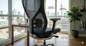 Detailed technical illustration overlay showing lumbar support, dynamic spinal adjustment, and armrest articulation on an office chair under 500 dollars.