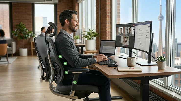 A 4K photorealistic hero photograph of a professional Canadian workspace, featuring a male professional with optimal supported posture in a customizable ergonomic office chair for back pain, set against a sunlit Toronto skyline.