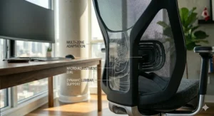 Close-up technical macro shot of the mesh backrest and micro-adjustment dial on an affordable ergonomic desk chair under 500 CAD.