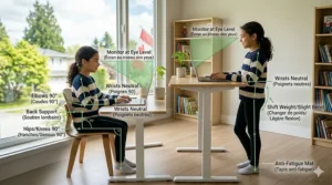 Illustration of proper sitting and standing posture using a height adjustable desk for a growing child to prevent back strain.