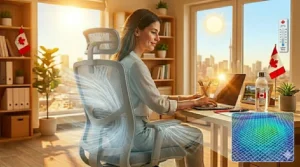 Ergonomic mesh seating solution providing support and comfort in Canadian offices; solution d'assise ergonomique en filet pour le confort au bureau.