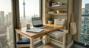 Adjustable height desk for college students featuring an ergonomic chair and laptop stand for long study sessions.