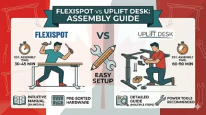 Diagram showing the assembly process and parts included with FlexiSpot and Uplift standing desks.