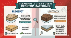 Sustainable desktop material options for FlexiSpot vs Uplift desks, featuring eco-friendly bamboo and solid wood finishes.