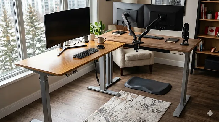 Comparison of FlexiSpot vs Uplift desk height-adjustable workstations in a modern Canadian home office setting.