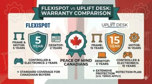 Infographic comparing the warranty terms and protection plans for FlexiSpot and Uplift desks for Canadian buyers.