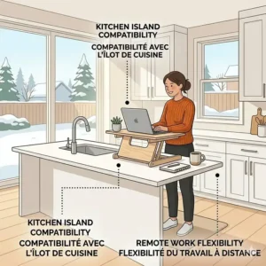 A portable standing desk converter used on a kitchen island, perfect for remote work across Canada.