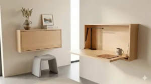 A photorealistic Canadian minimalist interior design featuring a wall mounted folding desk, similar to the model in image_0.png, closed into a compact floating shelf and opened as a sleek maple workstation.