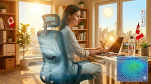 High-back mesh chair featuring advanced airflow for superior temperature regulation; chaise à haut dossier en maille pour une ventilation efficace.