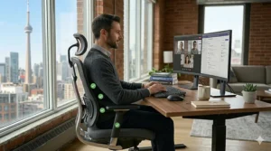 A high-resolution photorealistic 4K photograph of a productive Canadian home office workspace in a Toronto loft, featuring a male professional supported by a customizable ergonomic office chair for back pain while working at a modern desk with a view of the city skyline. Green checkmarks confirm correct posture.