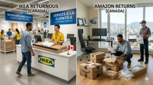 Illustration comparing customer service and return ease for an IKEA desk vs Amazon desk in Canada.