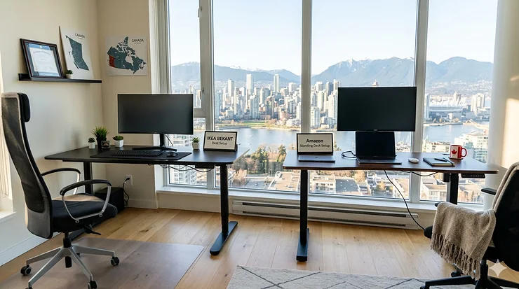 Close-up illustration comparing the material durability and build quality of an IKEA desk versus an Amazon desk.