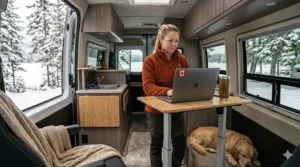 Using a portable standing desk inside a heated RV during a snowy Canadian winter camping session in Ontario.