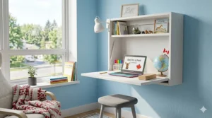 A photorealistic illustration of a child-friendly wall mounted folding desk, scaled smaller but with the same light wood construction seen in image_0.png, set up in a bright Canadian bedroom for back-to-school.