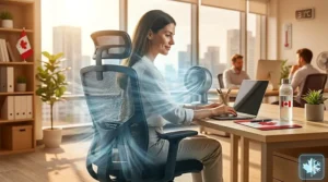 A stylish, breathable mesh chair placed in a home office setup to combat heat; chaise de travail en maille idéale pour le télétravail au Canada.