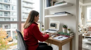 A minimalist, solid wood desk for online learning inspired by Canadian natural materials and modern design aesthetics.