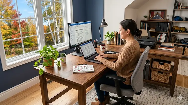 A bright Canadian home office featuring sleek modern home office desks near a window with a view of maple trees in autumn, showcasing an ergonomic workspace setup.