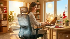 Sleek and modern ergonomic mesh chair design, popular in Canadian home offices; chaise ergonomique moderne en filet pour un espace de travail stylé.