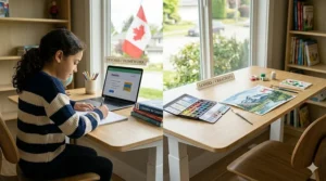 Illustration showing a height adjustable desk for a growing child being used for both laptop work and creative arts.
