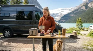 A collapsible RV desk being used as a secondary outdoor prep station at a national park campsite in Quebec.