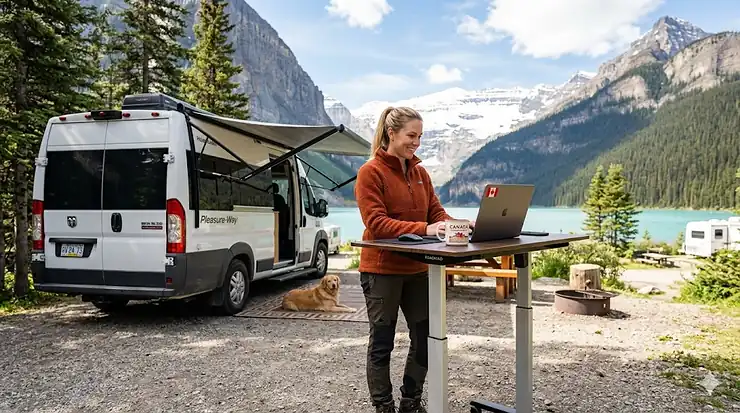 A portable standing collapsible desk for RV set up on a Canadian lakeside campsite, showing a remote worker enjoying the mountain view.