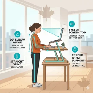 Diagram showing ergonomic benefits of a portable standing desk for healthy posture in a Canadian workspace.
